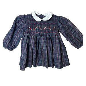 Plaid Smocked Baby Long Sleeved Dress White Collar Vtg 24 Mo 2T Holiday